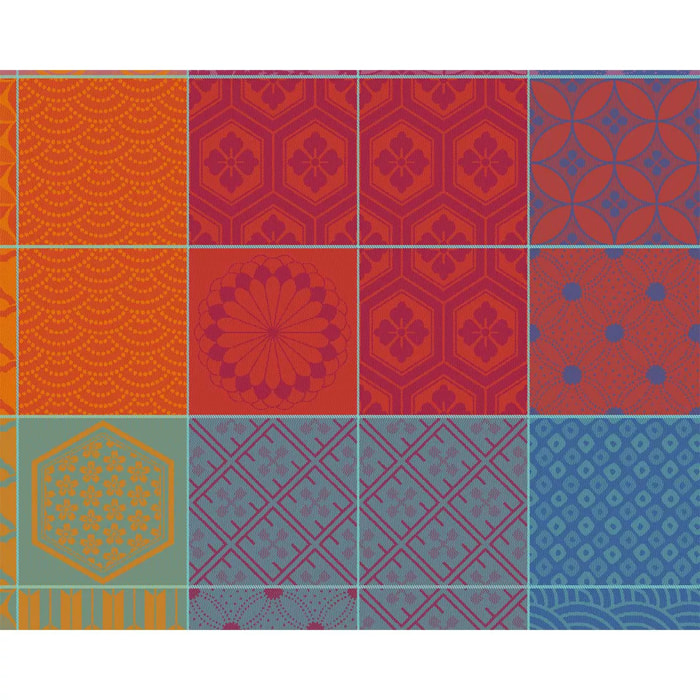 Set pur coton motif jacquard orange violet Mille hana floralies