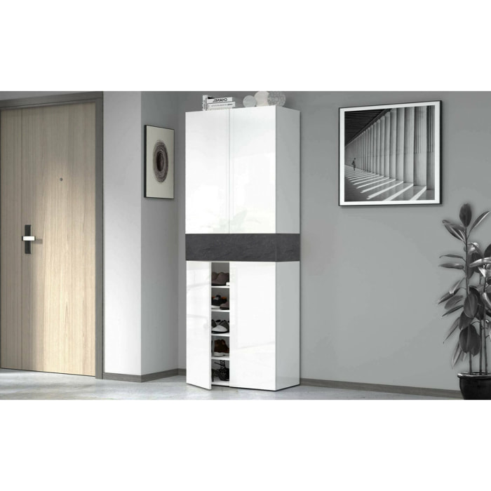 Scarpiera Asklol, Porta scarpe salvaspazio a 5 ante, Armadio multifunzione da ingresso, 76x38h200 cm, Bianco lucido e Ardesia