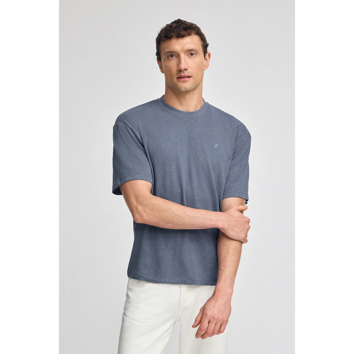 Maglietta blu denim in lino e cotone a girocollo e con monogramma ricamato