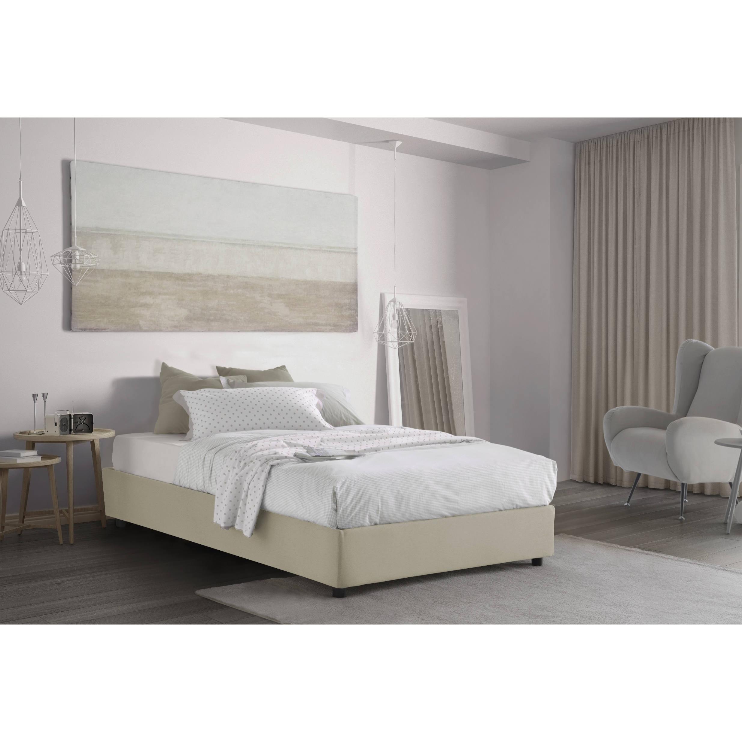 Letto piazza e mezza Rebecca, Letto contenitore con rivestimento in tessuto, 100% Made in Italy, Apertura frontale, con materasso Cm 120x200 incluso, Beige