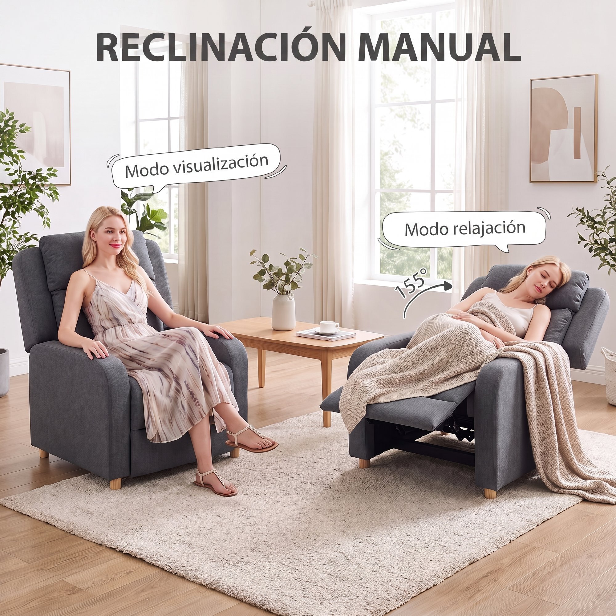 Sillón Relax Reclinable, Sillón Reclinable Manual, Tapizado en Lino, Instalación Rápida, Reposapiés, Muelles Ensacados, Respaldo Alto Grueso y Patas de Madera para Salón, Oficina, Gris Oscuro