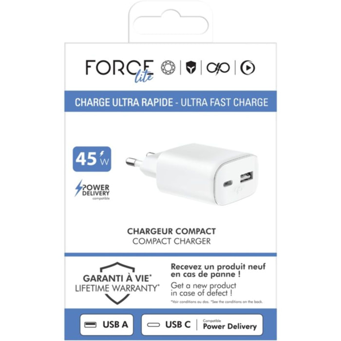 Chargeur FORCE POWER 45W USB-A et USB-C PowerDelivery Blanc