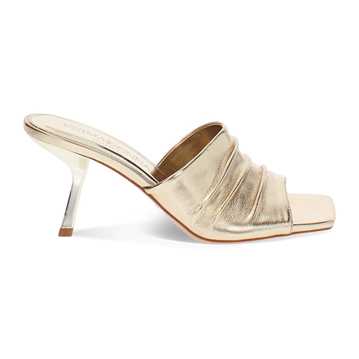 Mules open toe donna oro in laminato, tacco 7,5 cm