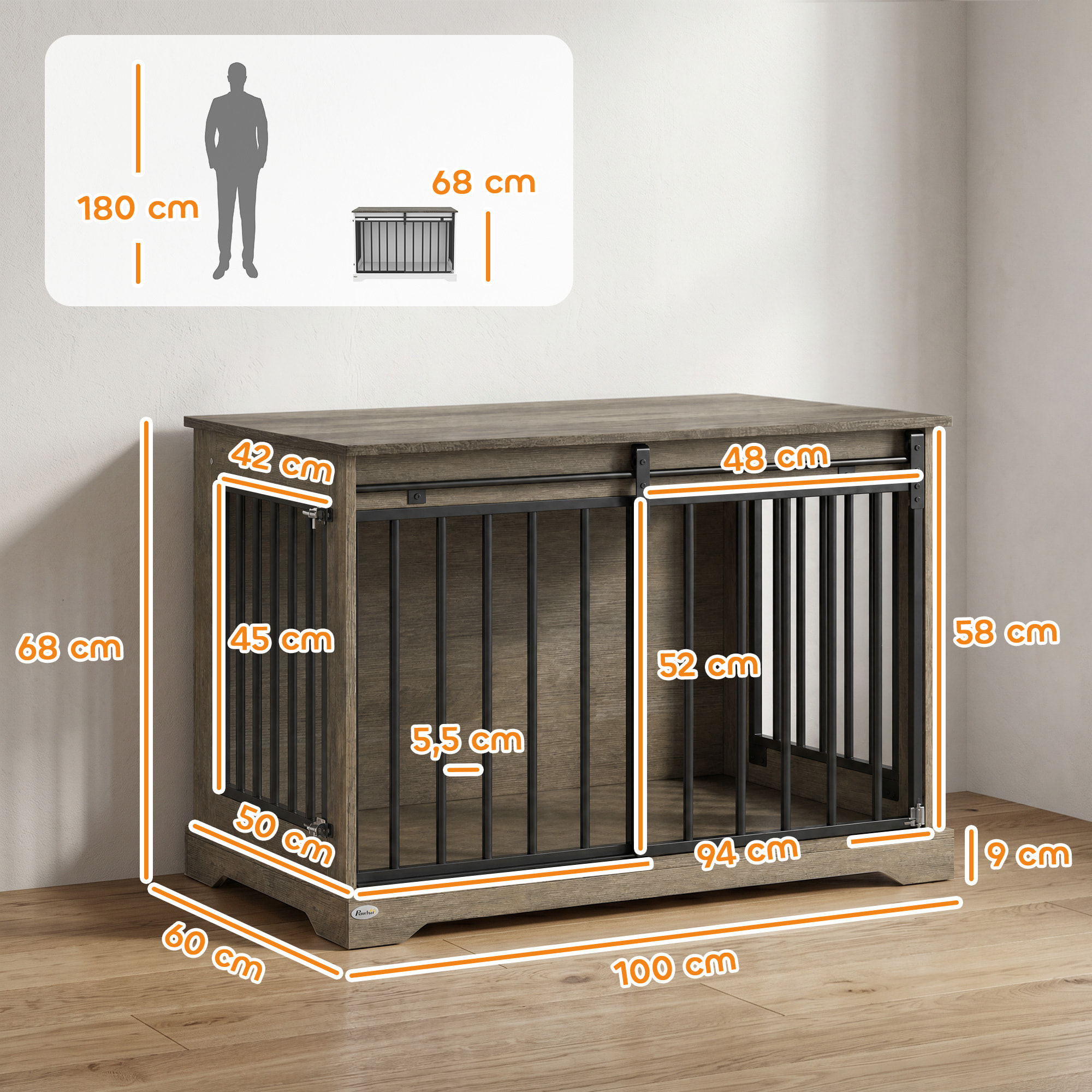 Cage chien design bois métal 100 x 60 x 68 cm porte coulissante et battante