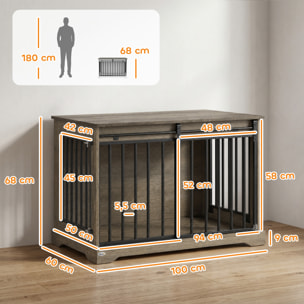 Cage chien design bois métal 100 x 60 x 68 cm porte coulissante et battante