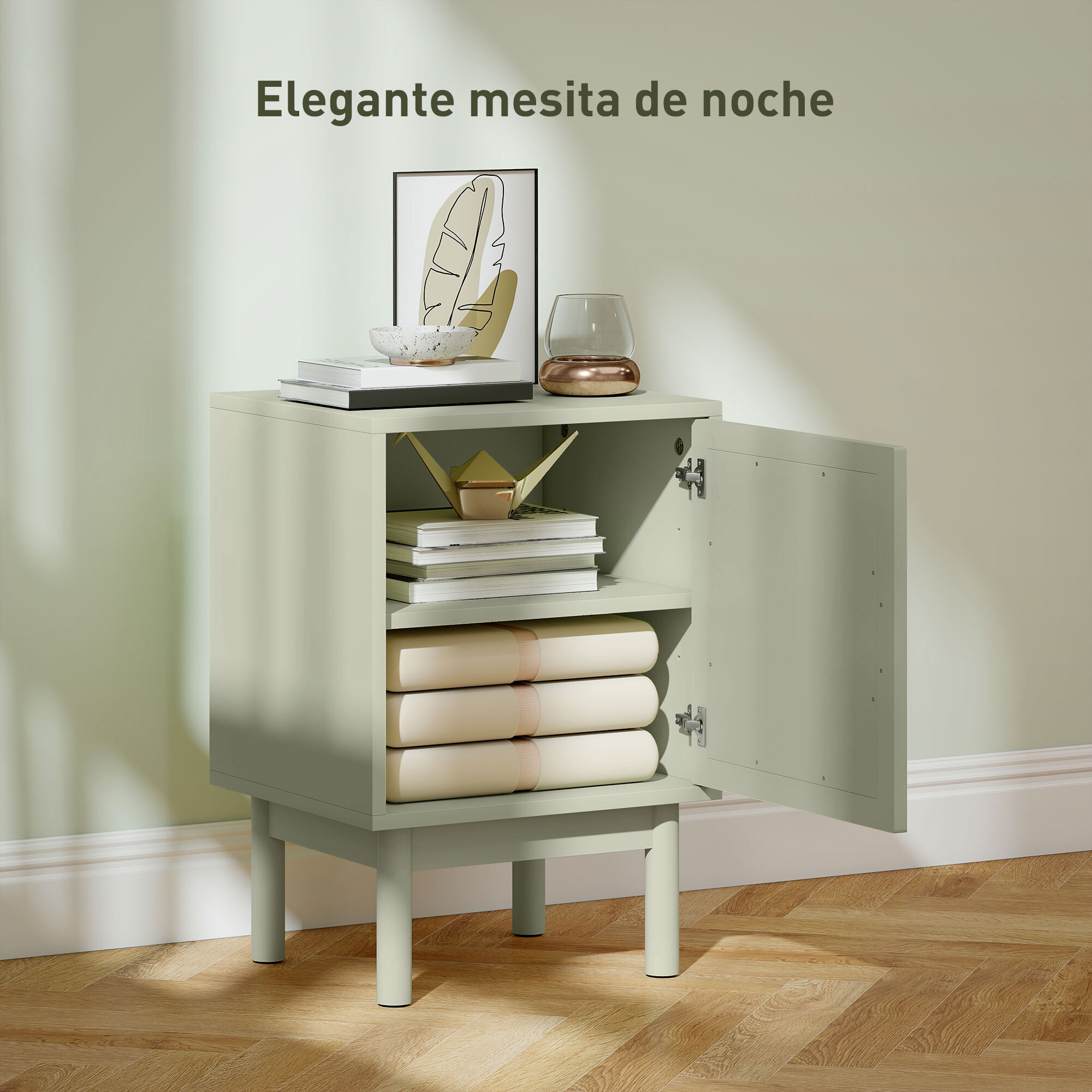 Mesita de Noche Mesilla de Noche con Puerta de Ratán Estante Ajustable y Patas de Madera Estilo Bohemio Mesa Auxiliar para Salón Dormitorio 40x35x58 cm Blanco