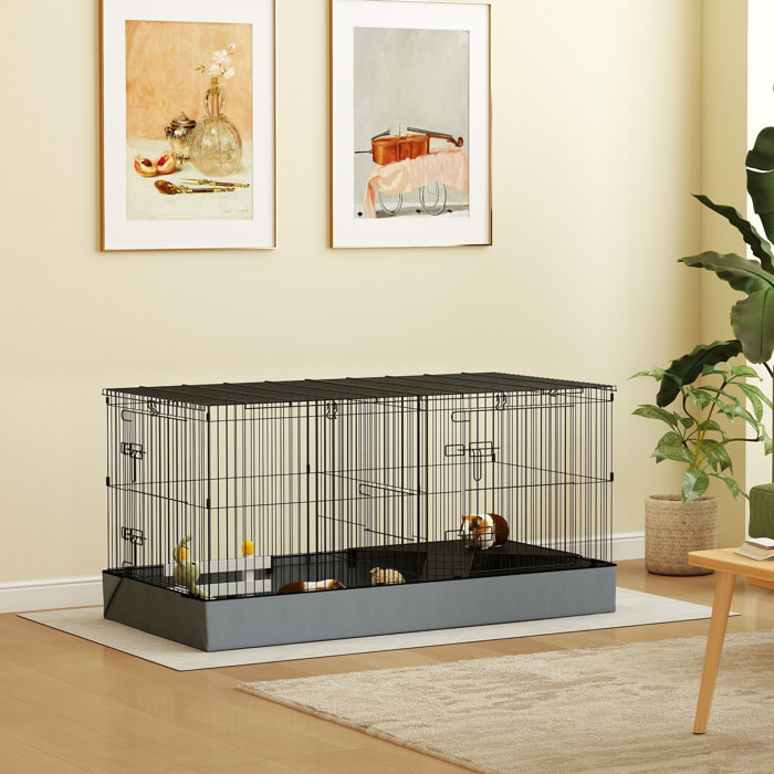 Cage pour cochon d'inde avec séparation 2 zones - plateforme observation, rampe, portes - acier noir PVC tissu gris