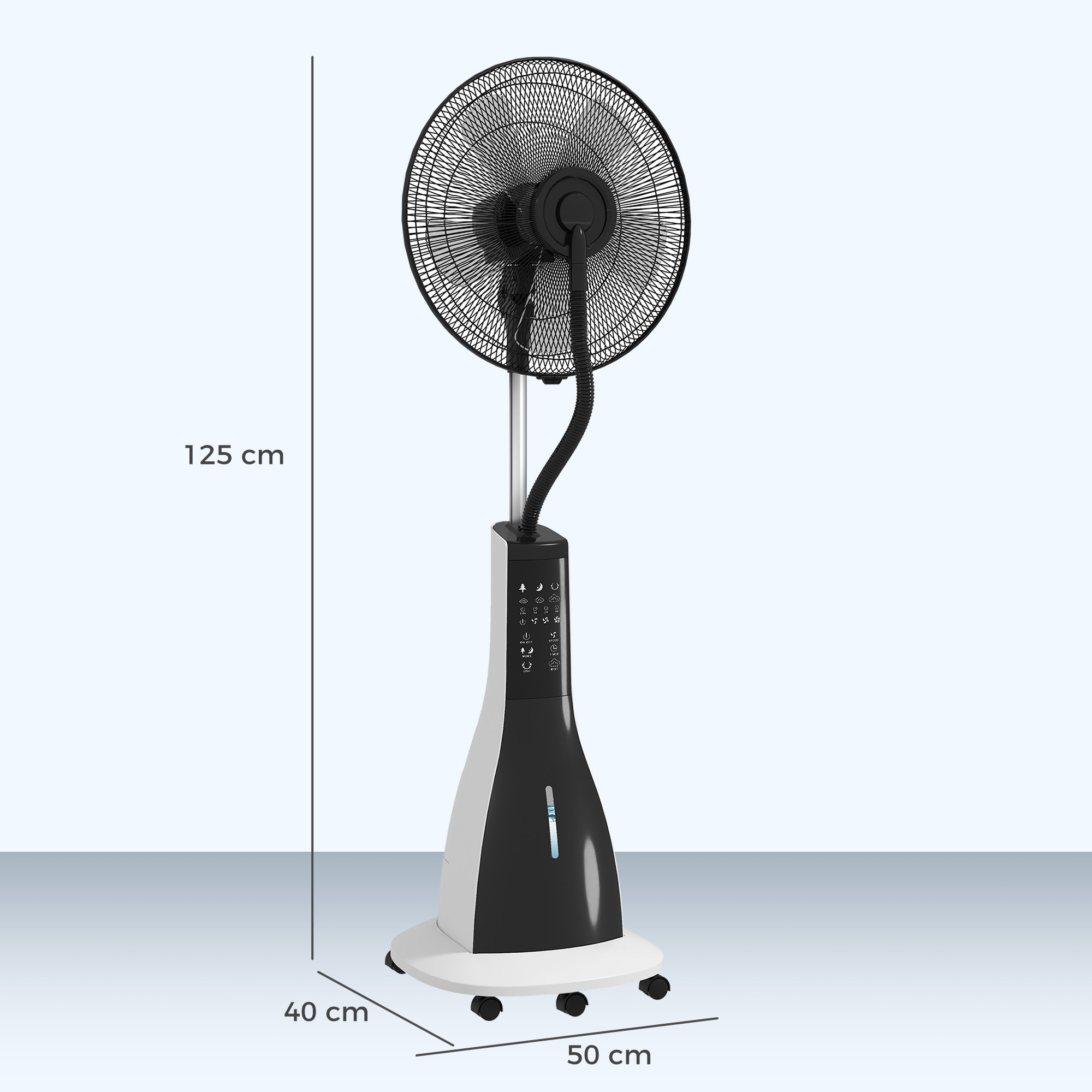 Ventilateur brumisateur oscillant inclinable sur pied roulettes 90W H.125 cm avec télécommande