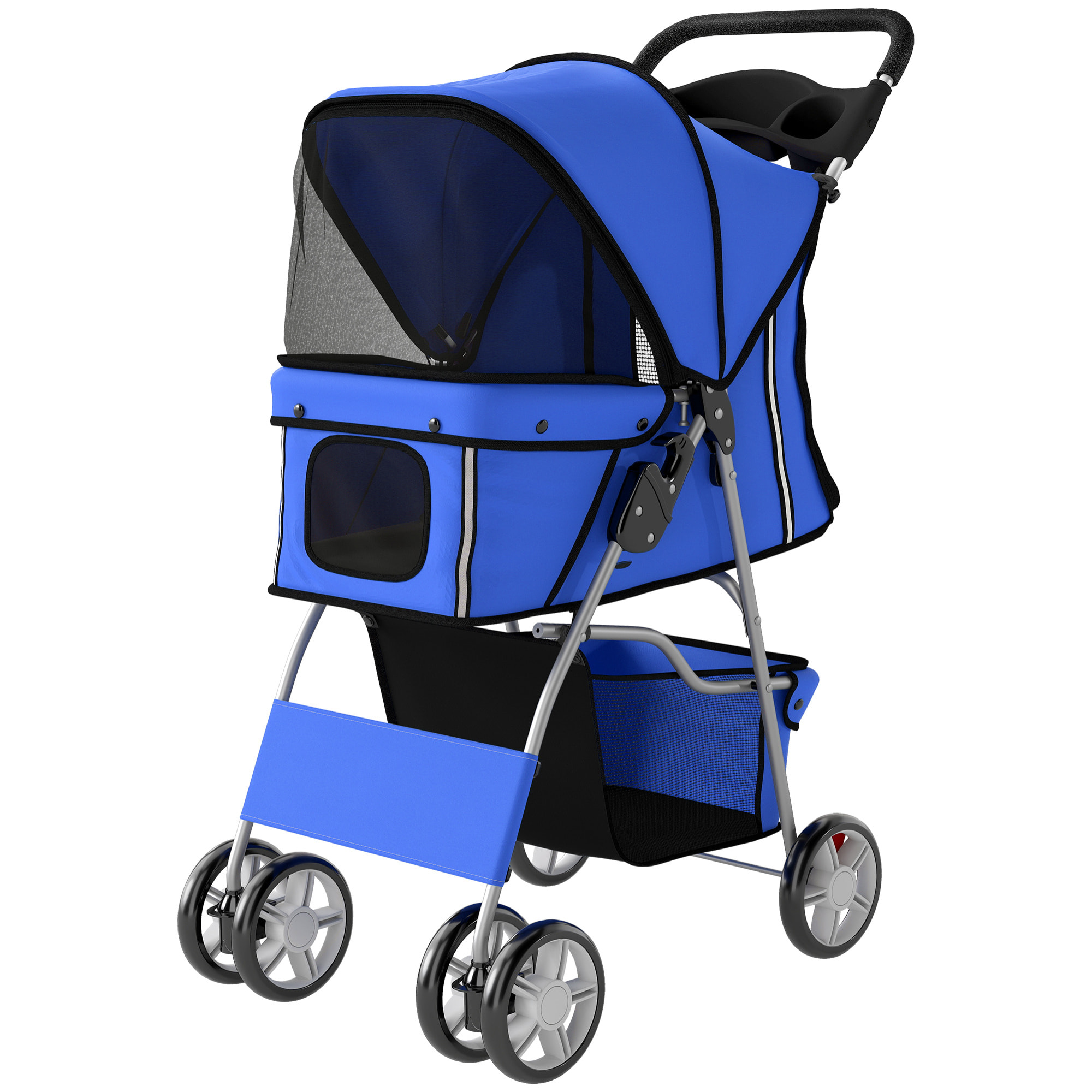 Poussette buggy pliable chien chat porte-gobelet panier de rangement inclus 4 roues bleu