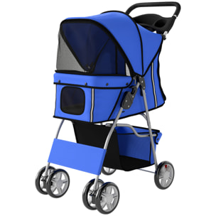 Poussette buggy pliable chien chat porte-gobelet panier de rangement inclus 4 roues bleu