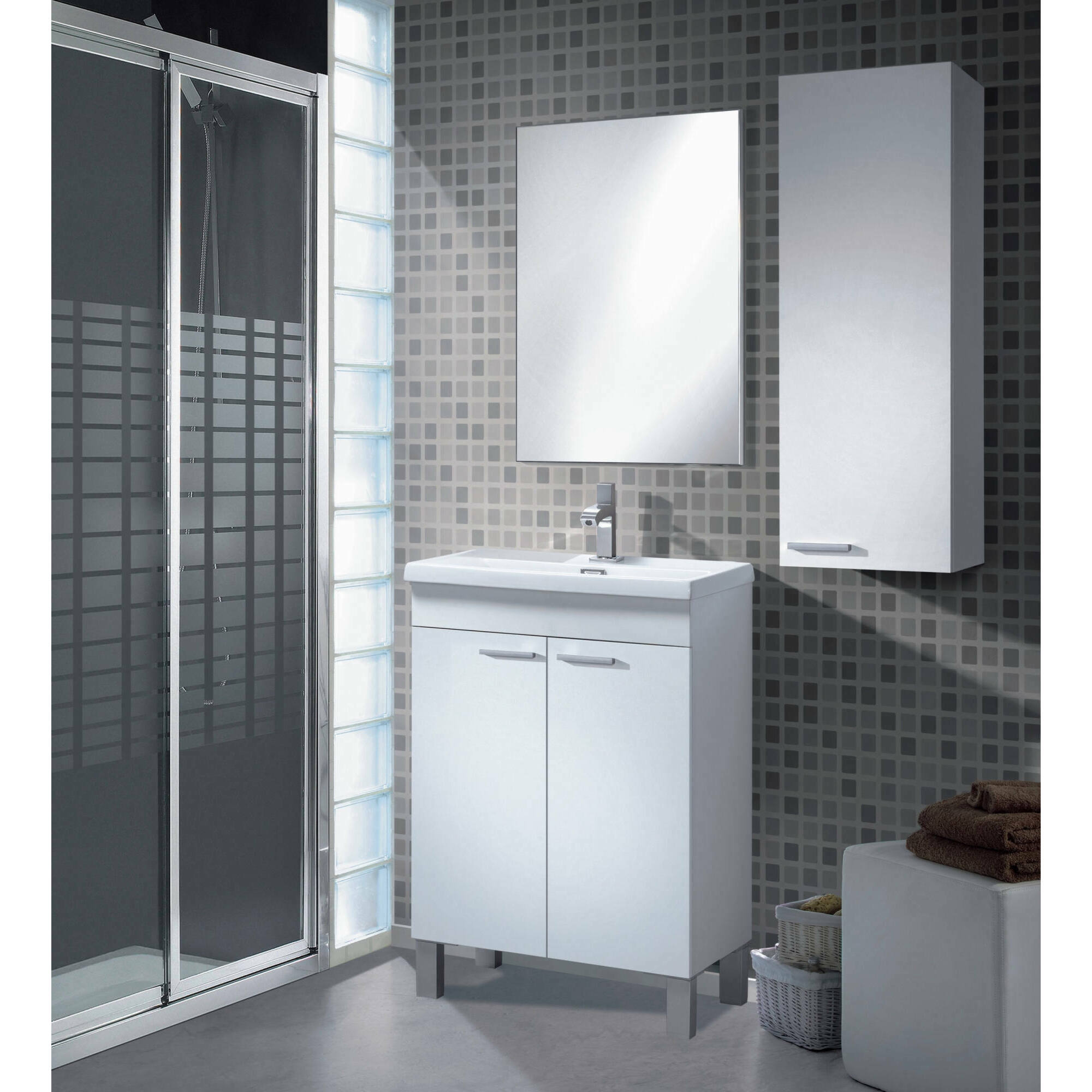 Mobile sottolavabo Almenia, Mobiletto per bagno, Armadio a 2 ante con specchio, lavabo non incluso, 50x40h80 cm, Bianco