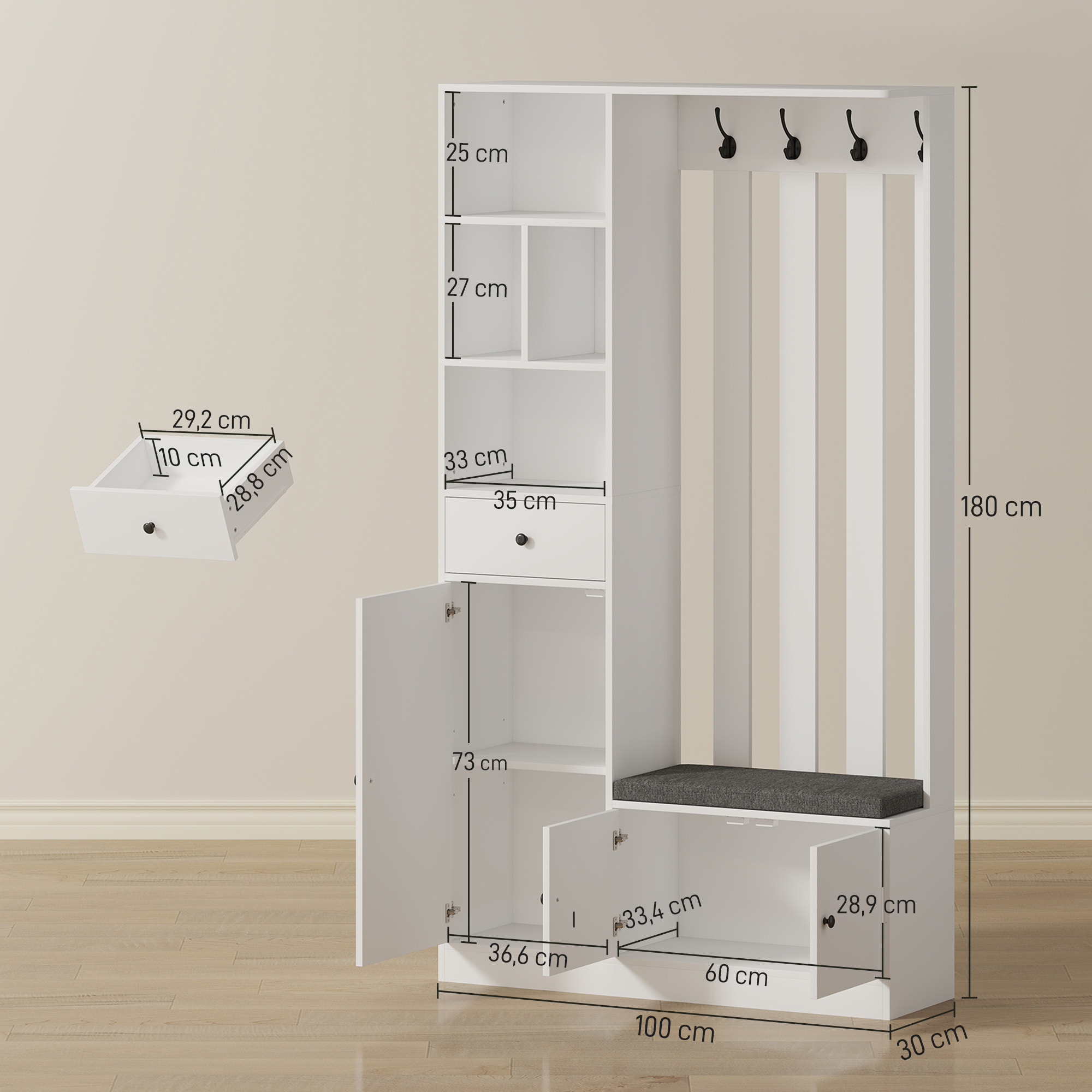 Vestiaire d'entrée banc chaussures multi-rangement gris blanc