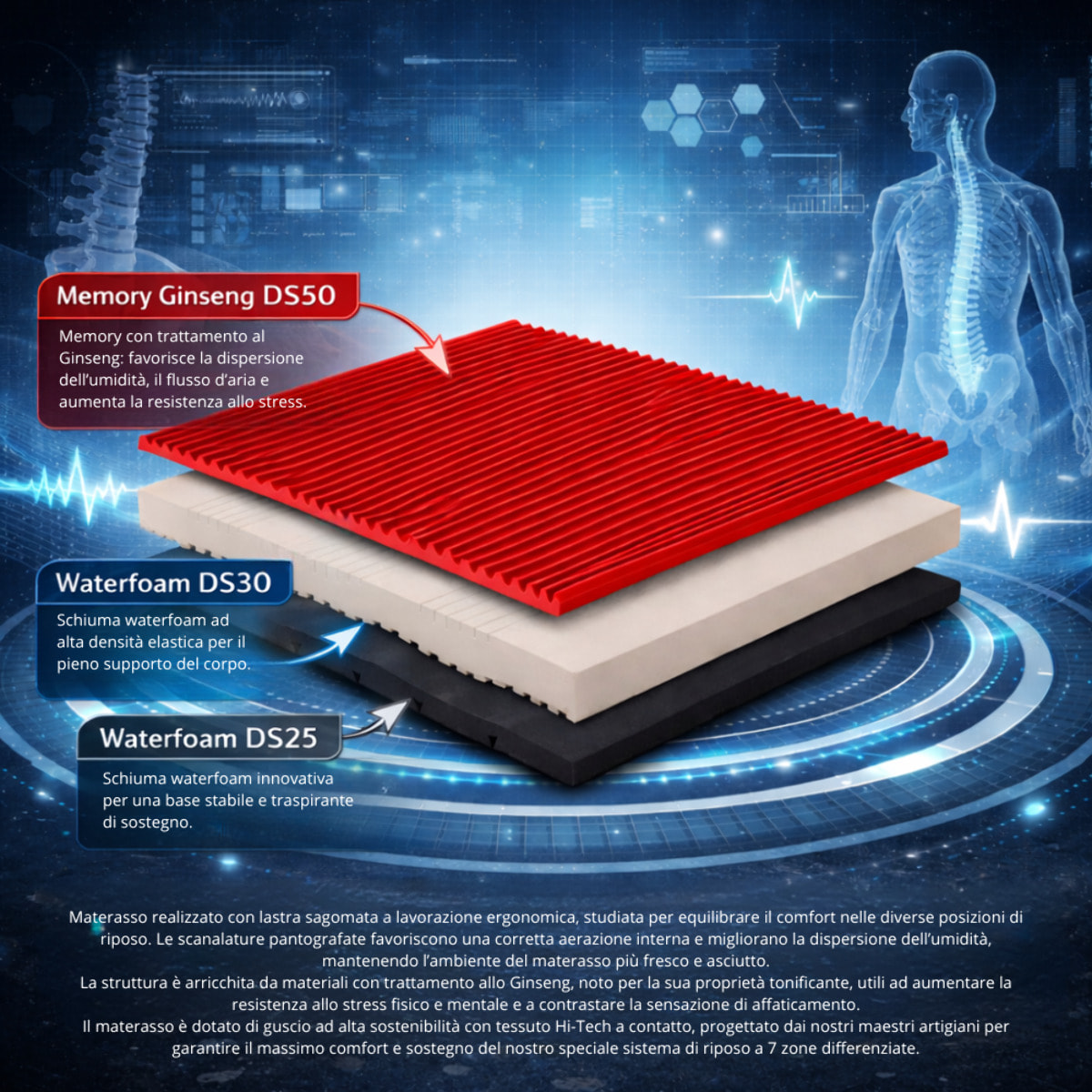 Materasso Venere Matrimoniale Memory 3 7 Zone Differenziate Strati H25 Sfoderabile 160x200 Tessuto Hi-Tech Resistex