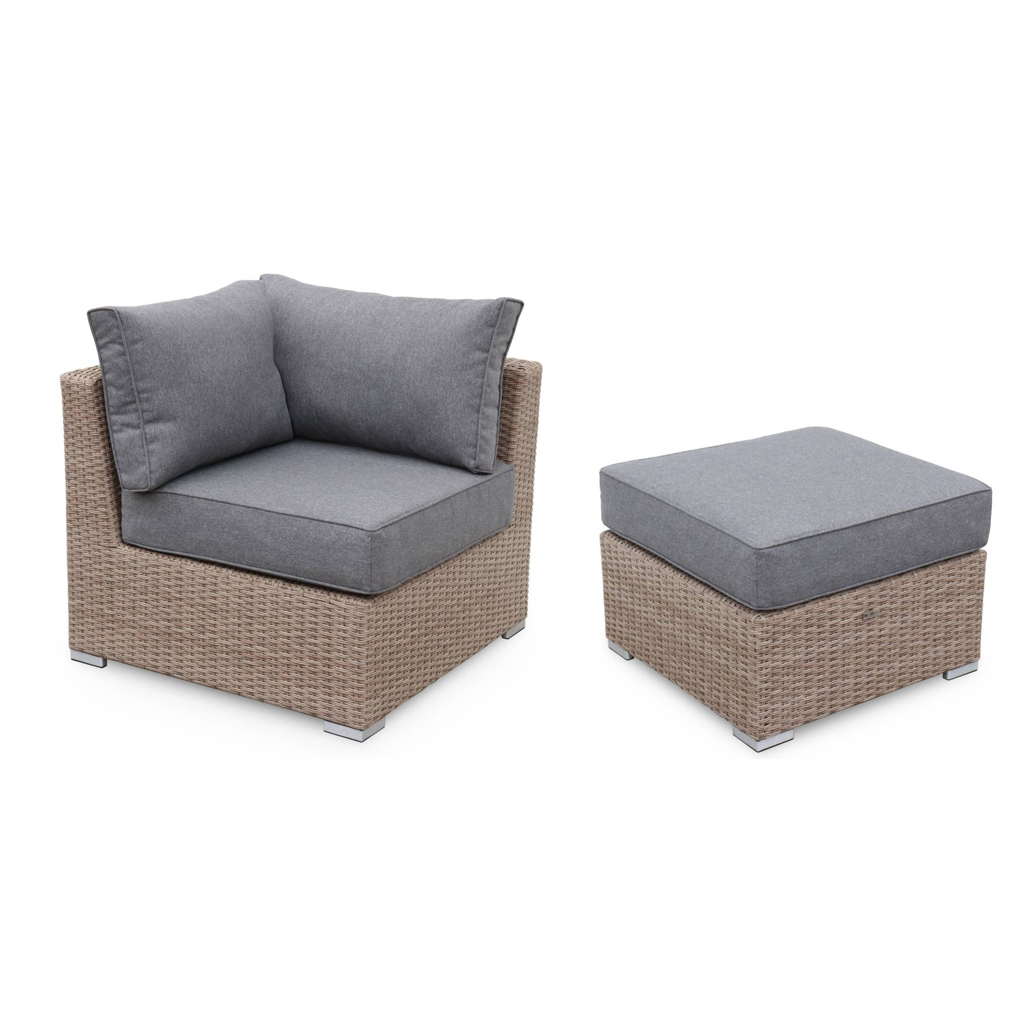 Salon de jardin Premium en résine tressée arrondie – VINCI – Résine naturelle style osier. coussins gris foncé – 5 places. haut de gamme