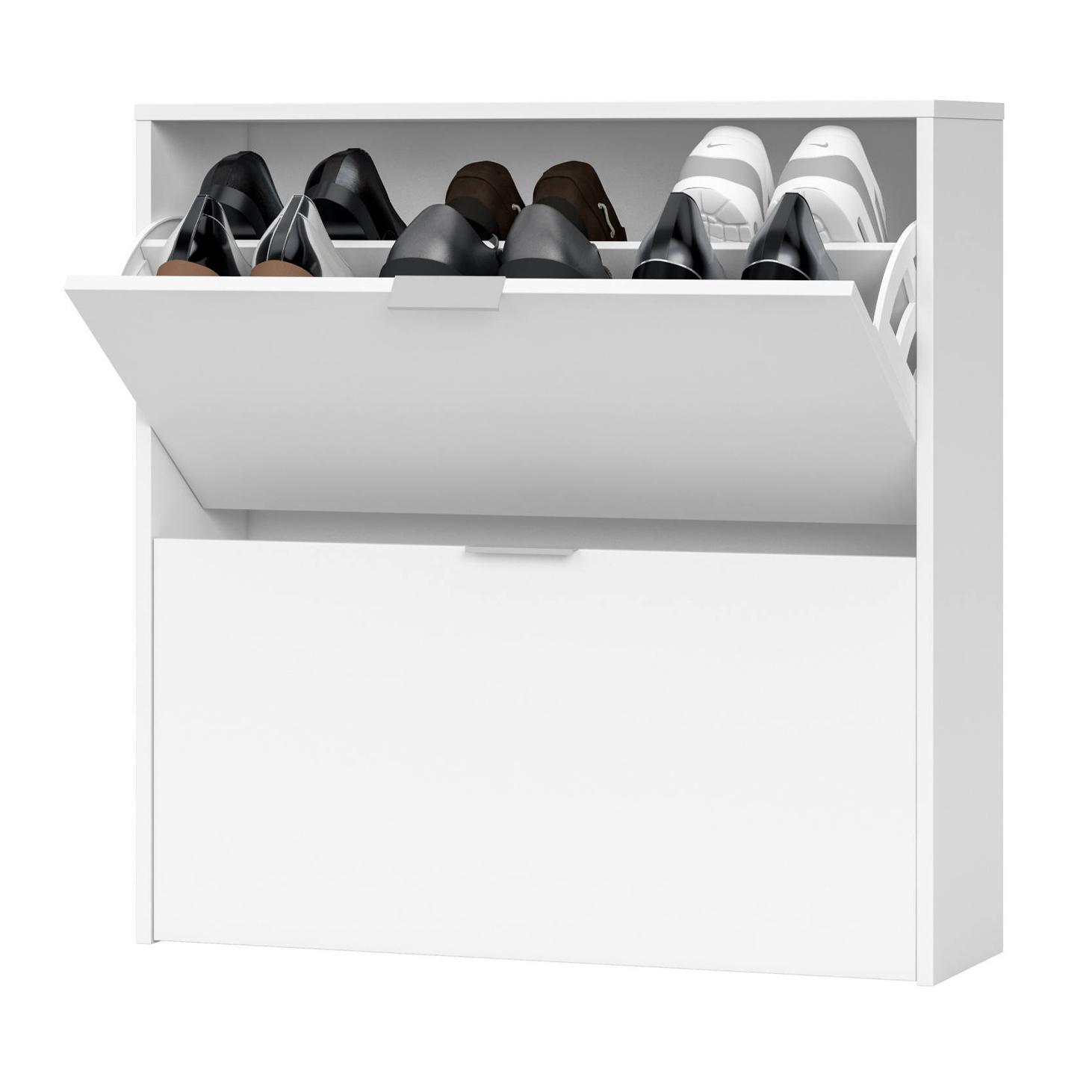 Scarpiera Louisville, Armadio portascarpe a 2 ante a ribalta, Scarpiera bassa da ingresso, Mobile basso, cm 75x22h76, Bianco