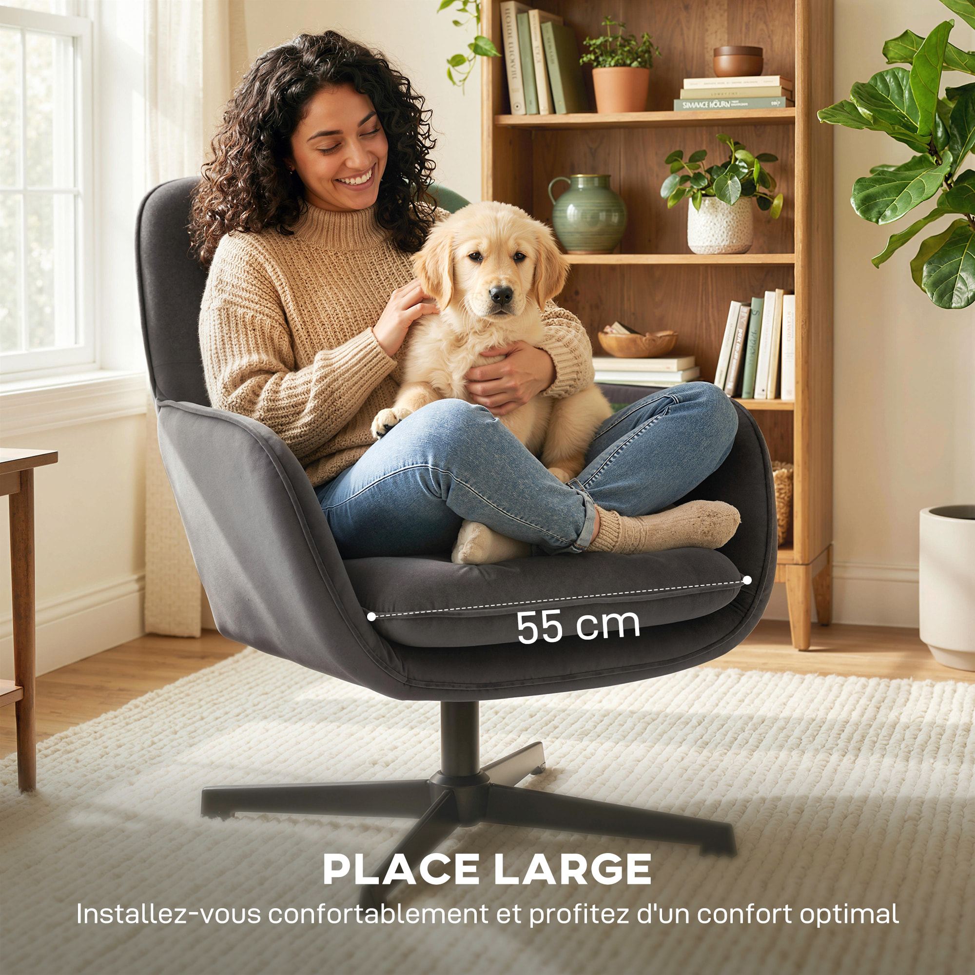 Fauteuil lounge design pivotant acier noir velours anthracite