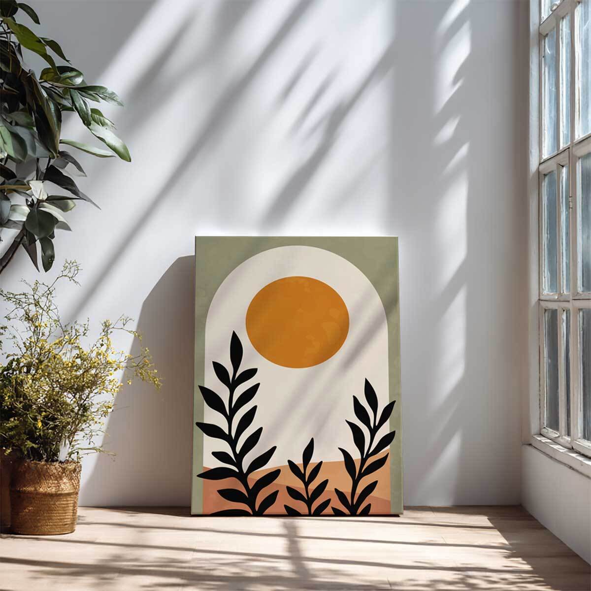 Tableau paysage abstrait soleil et plantes Toile imprimée