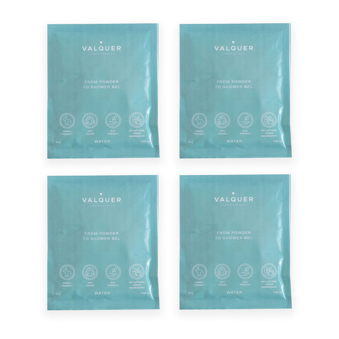 Valquer Shake - 4 geles de baño sostenibles - 4 sobres Water de 25 gr