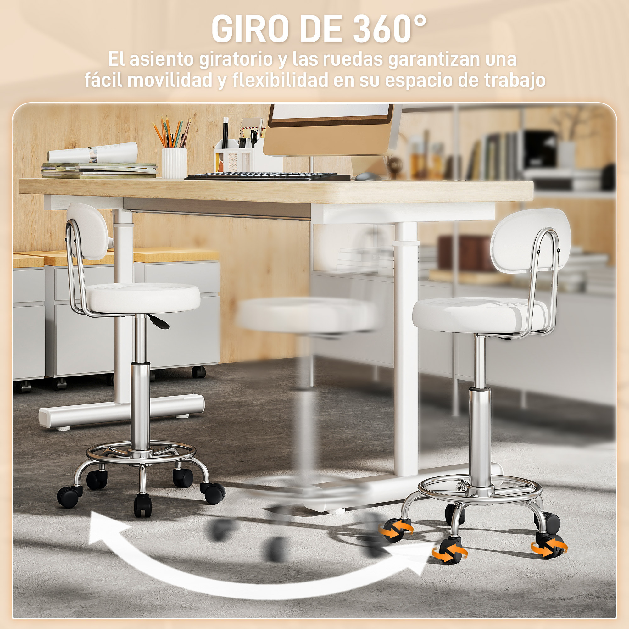 Taburete Giratorio Taburete con Ruedas y Respaldo Taburete de Trabajo con Altura Regulable 70-86 cm Asiento Tapizado de Cuero Sintético Blanco