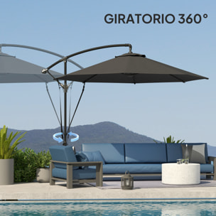 Parasol Excéntrico Ø 290 cm Sombrilla de Jardín con Base Cruzada Manivela Funda para Sombrilla y Cuerda de Viento Anti-UV 50+ Sombrilla para Terraza Patio Gris Oscuro