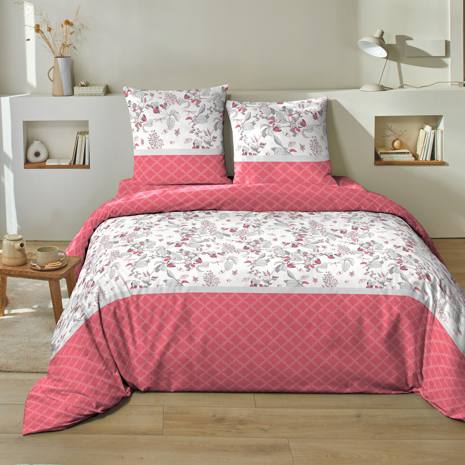 Parure housse de couette 100% coton à motif floral - rose