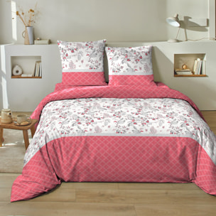 Parure housse de couette 100% coton à motif floral - rose