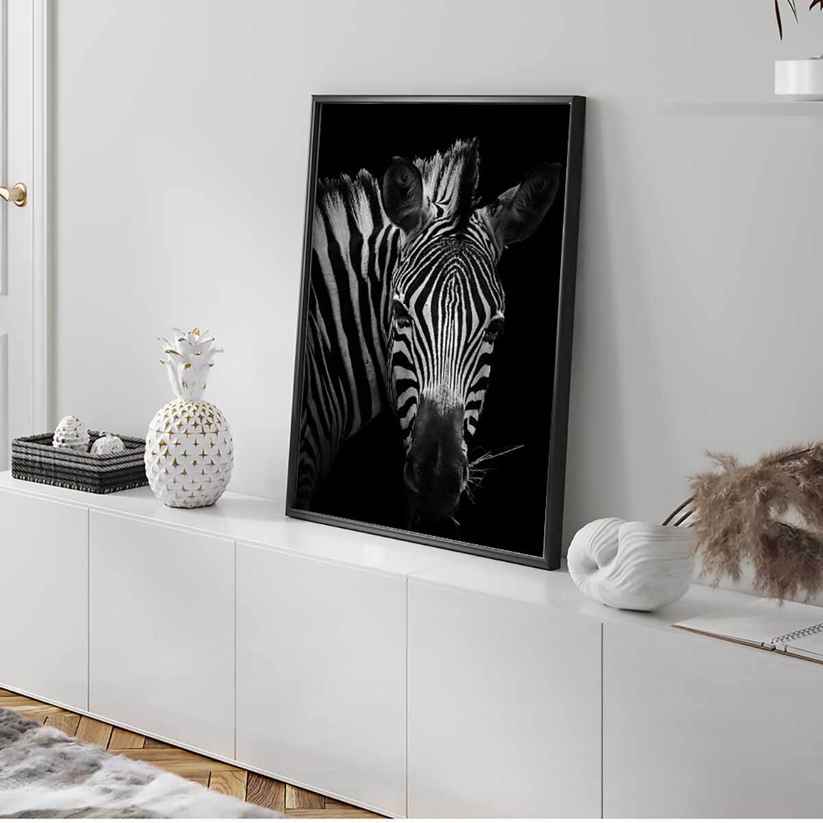 Affiche encadrée zèbre artistique en noir et blanc Affiche + cadre en métal - Noir
