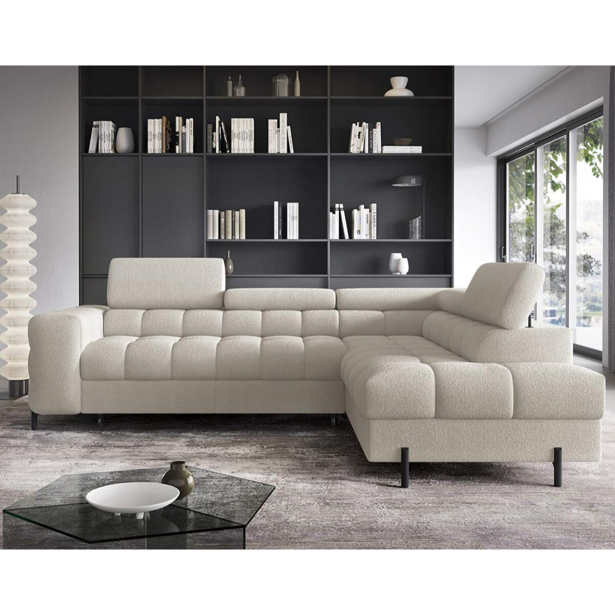 Elisa - canapé d'angle droit 5 places convertible avec coffre et têtières réglables en tissu bouclette - Beige