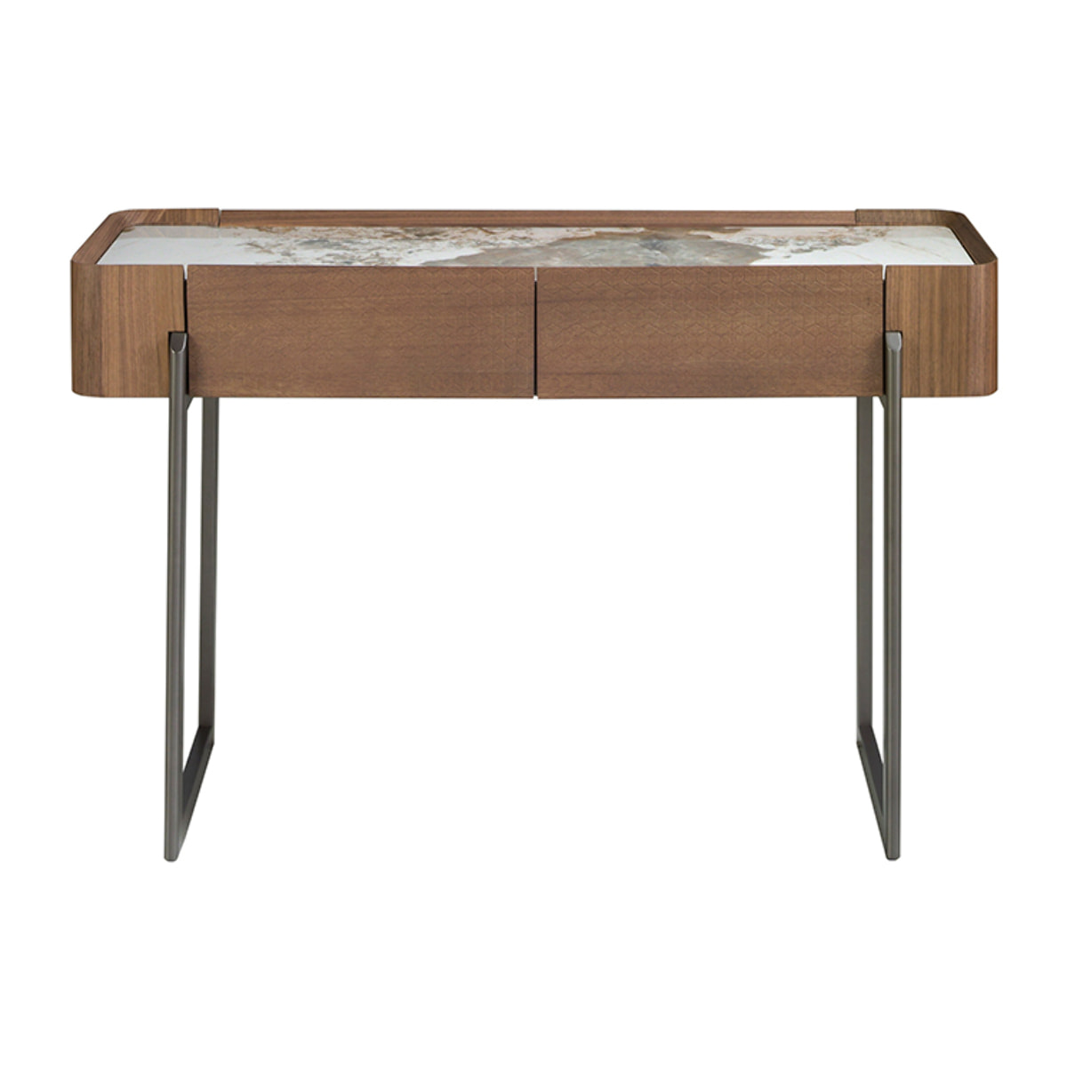 Consola rectangular en madera chapada en nogal natural y tapa de mármol porcelánico blanco con vetas en tonos tierra en brillo 120x40x76cm