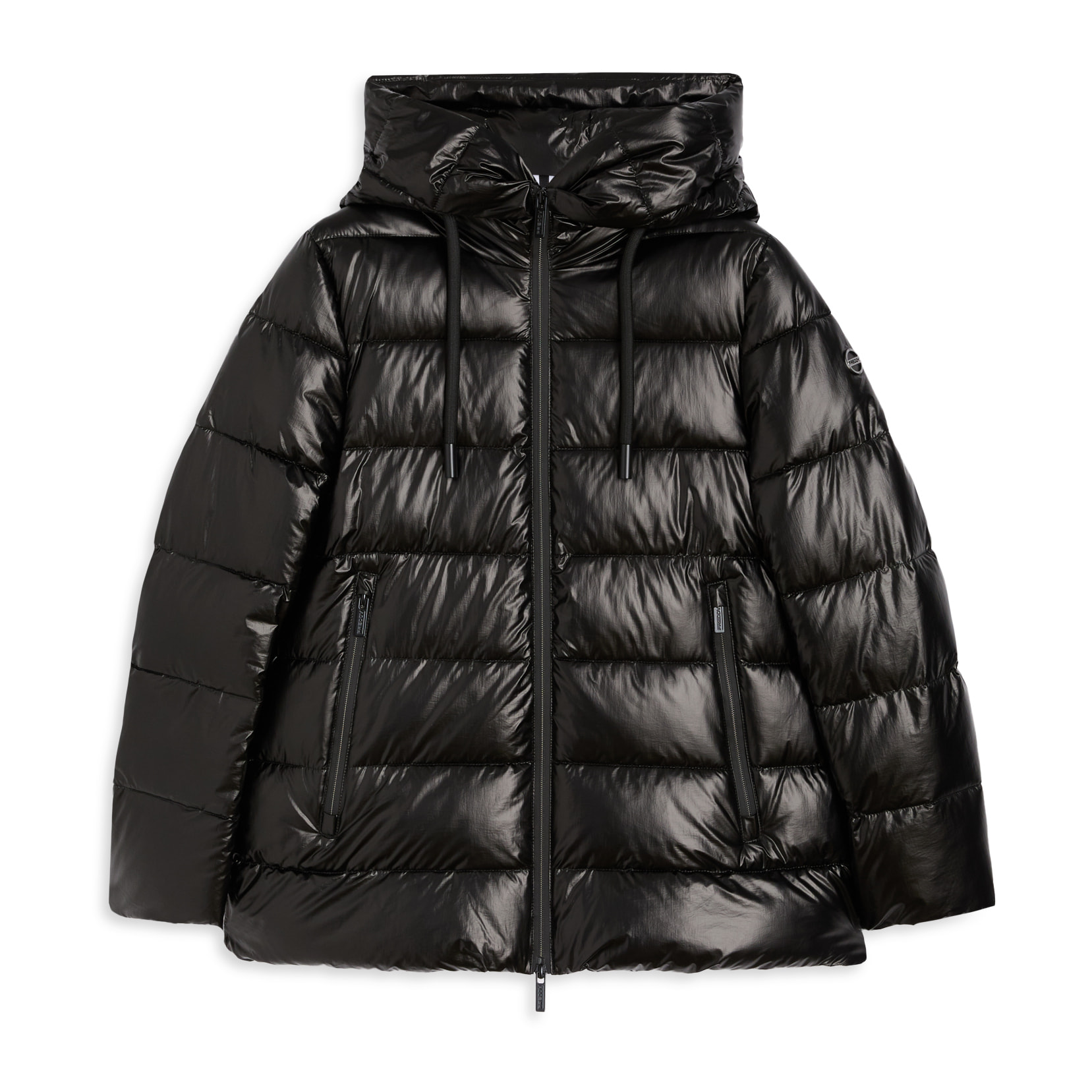 Piumino donna lucido con cappuccio protettivo e coulisse