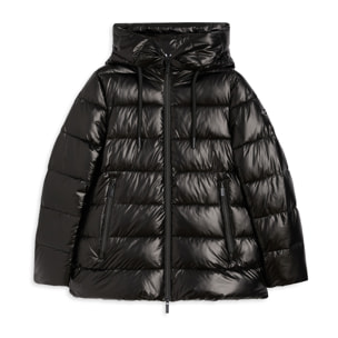 Piumino donna lucido con cappuccio protettivo e coulisse