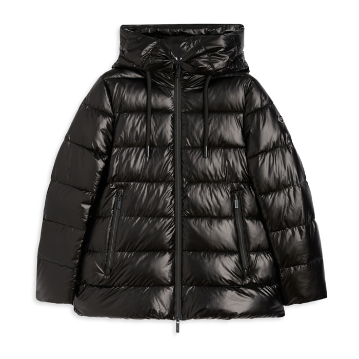 Piumino donna lucido con cappuccio protettivo e coulisse