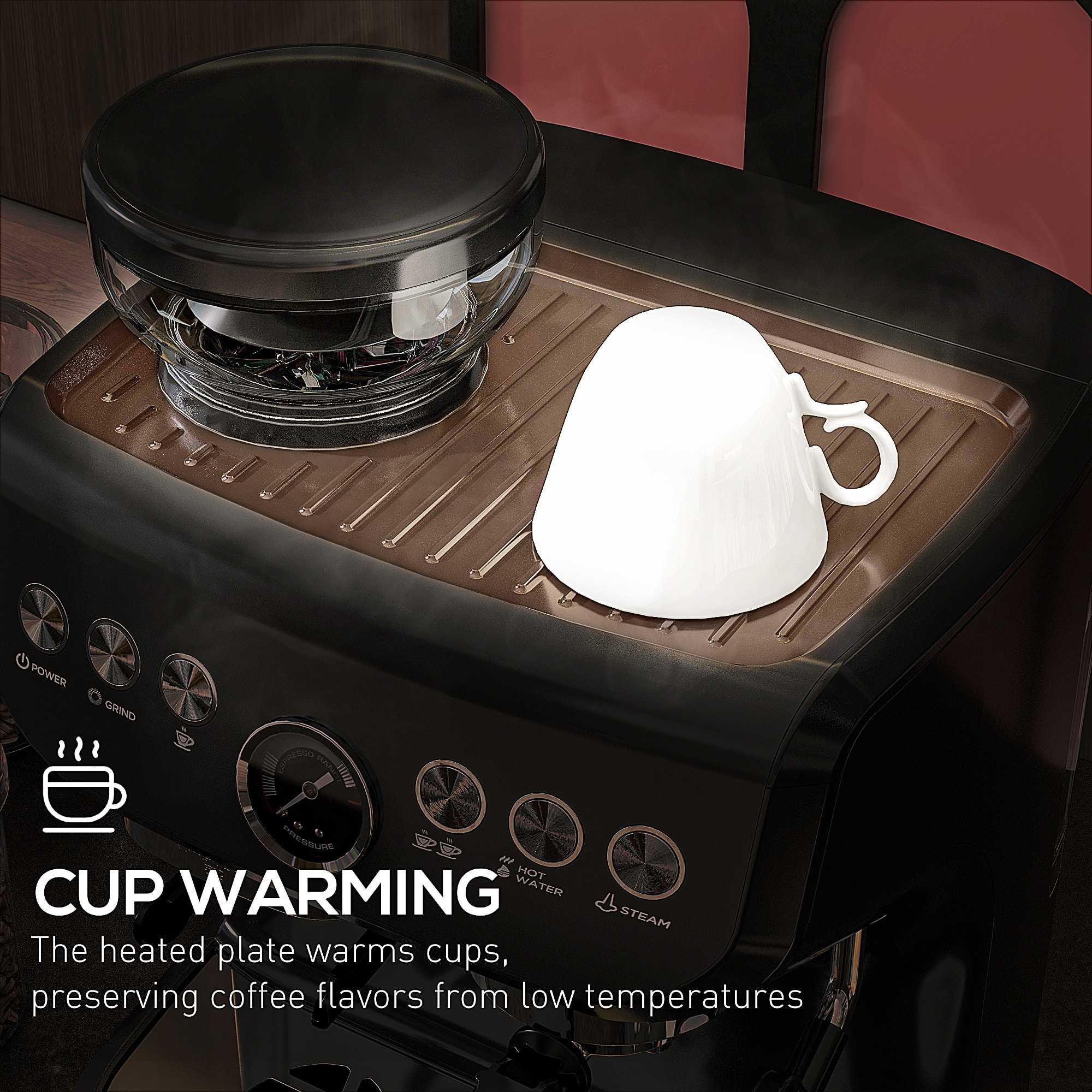 HOMCOM Cafetera Espresso 15 Bares 1600W con Molinillo de 15 Niveles, Vaporizador de Leche, Depósito Agua 2L y Grano 150g, 1 o 2 Tazas, Calientatazas, para Capuchino y Latte, Acero Inoxidable, Negro