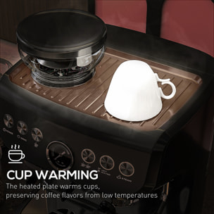 HOMCOM Cafetera Espresso 15 Bares 1600W con Molinillo de 15 Niveles, Vaporizador de Leche, Depósito Agua 2L y Grano 150g, 1 o 2 Tazas, Calientatazas, para Capuchino y Latte, Acero Inoxidable, Negro
