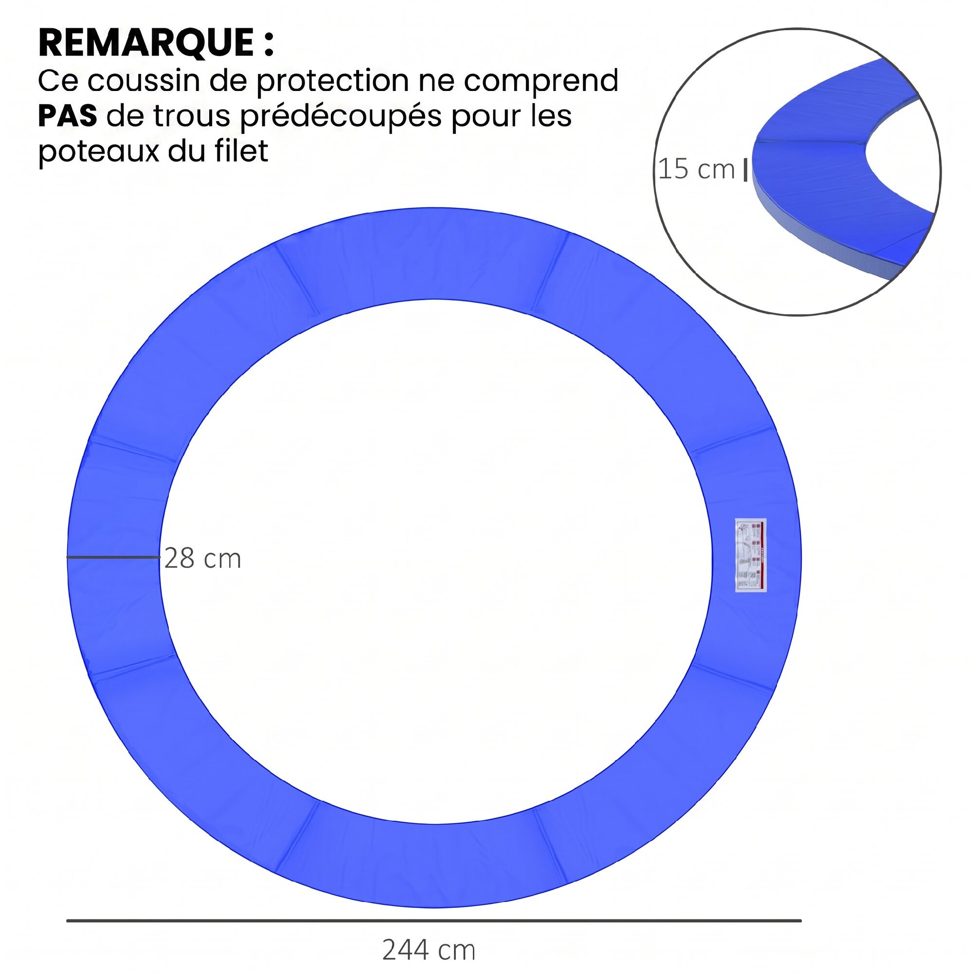 Couvre-ressort trampoline Ø 244 cm - coussin de protection des ressorts - rembourrage 1,5 cm - PVC bleu
