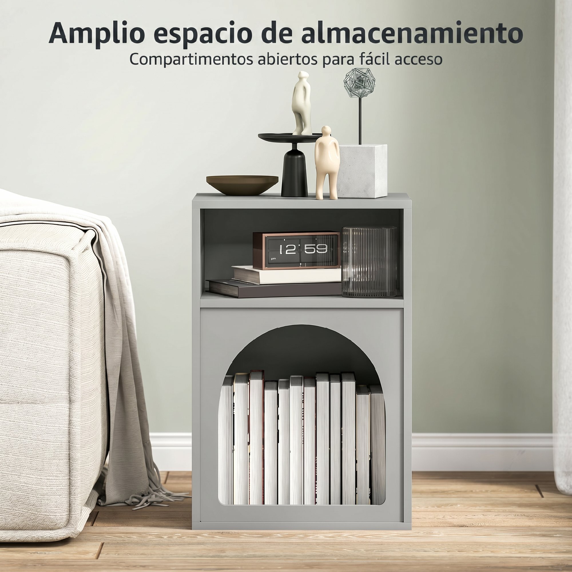 Mesita de Noche Moderna Mesilla de Noche Estrecha con 2 Compartimentos Abiertos Diseño en Forma de Arco Mesa Auxiliar para Salón Dormitorio 40x30x60 cm Gris