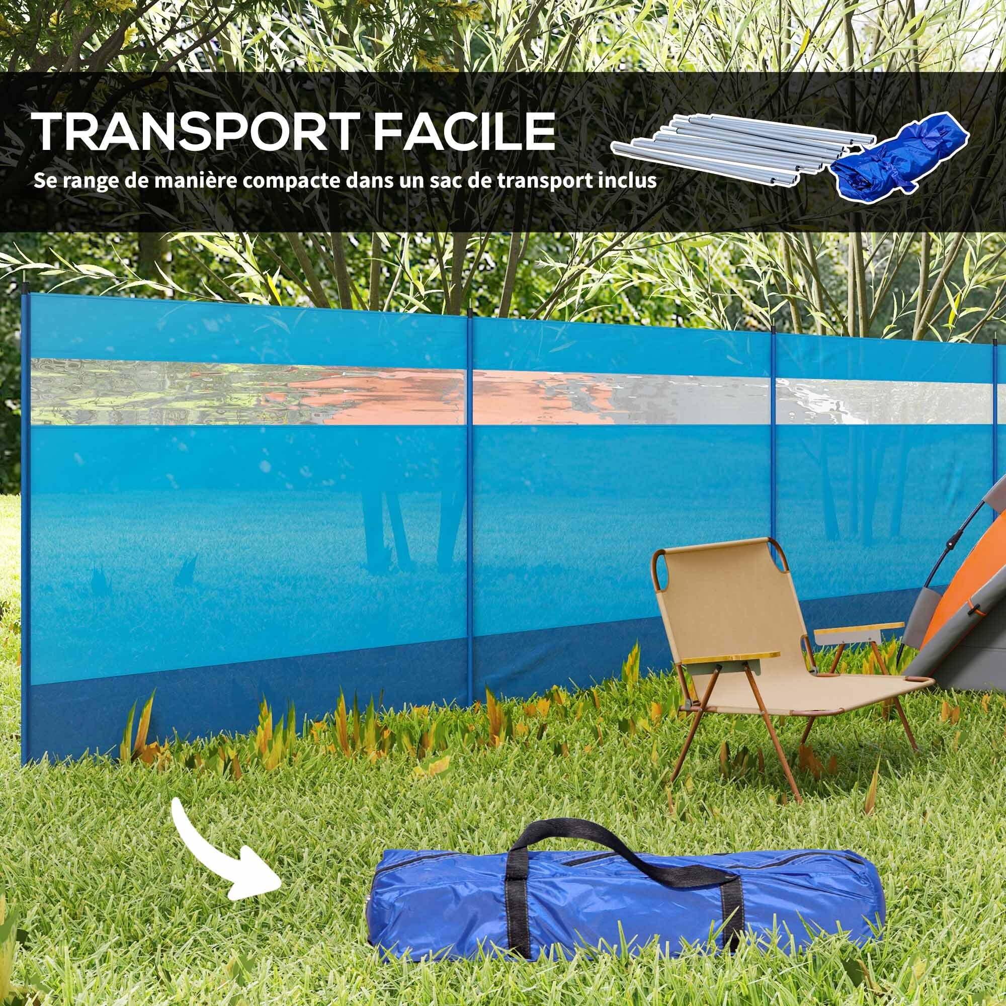 Paravent brise-vue camping plage portable pliable avec sac de transport et poteaux acier dim. 725L x 140H cm bleu