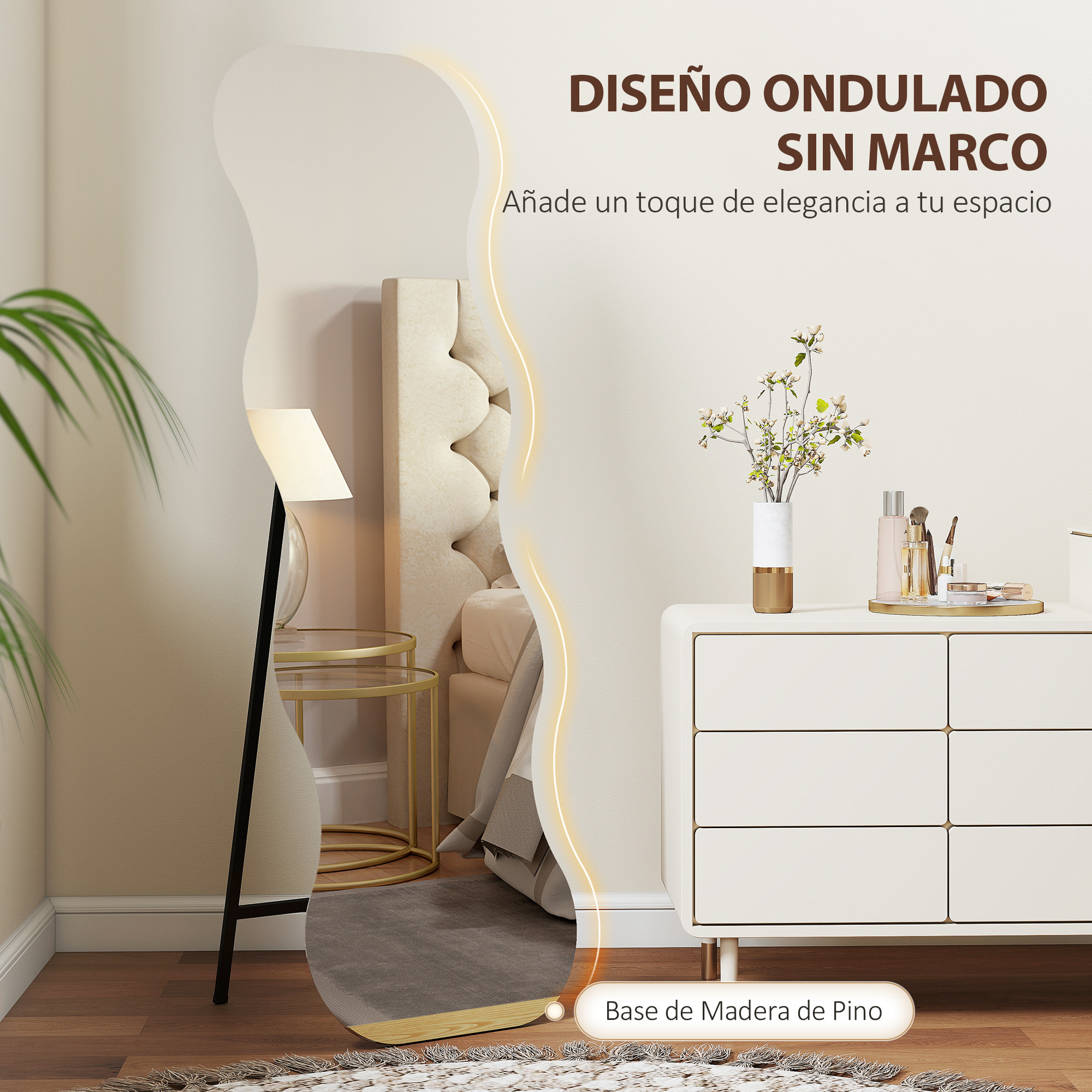 Espejo de Cuerpo Entero Ondulado 160x50 cm, Espejo de Pie o Apoyado en la Pared, sin Marco, Base de Madera, para Salón, Dormitorio, Pasillo, Entrada