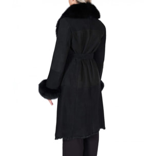 Cappotto in montone scamosciato nero con bordi in volpe