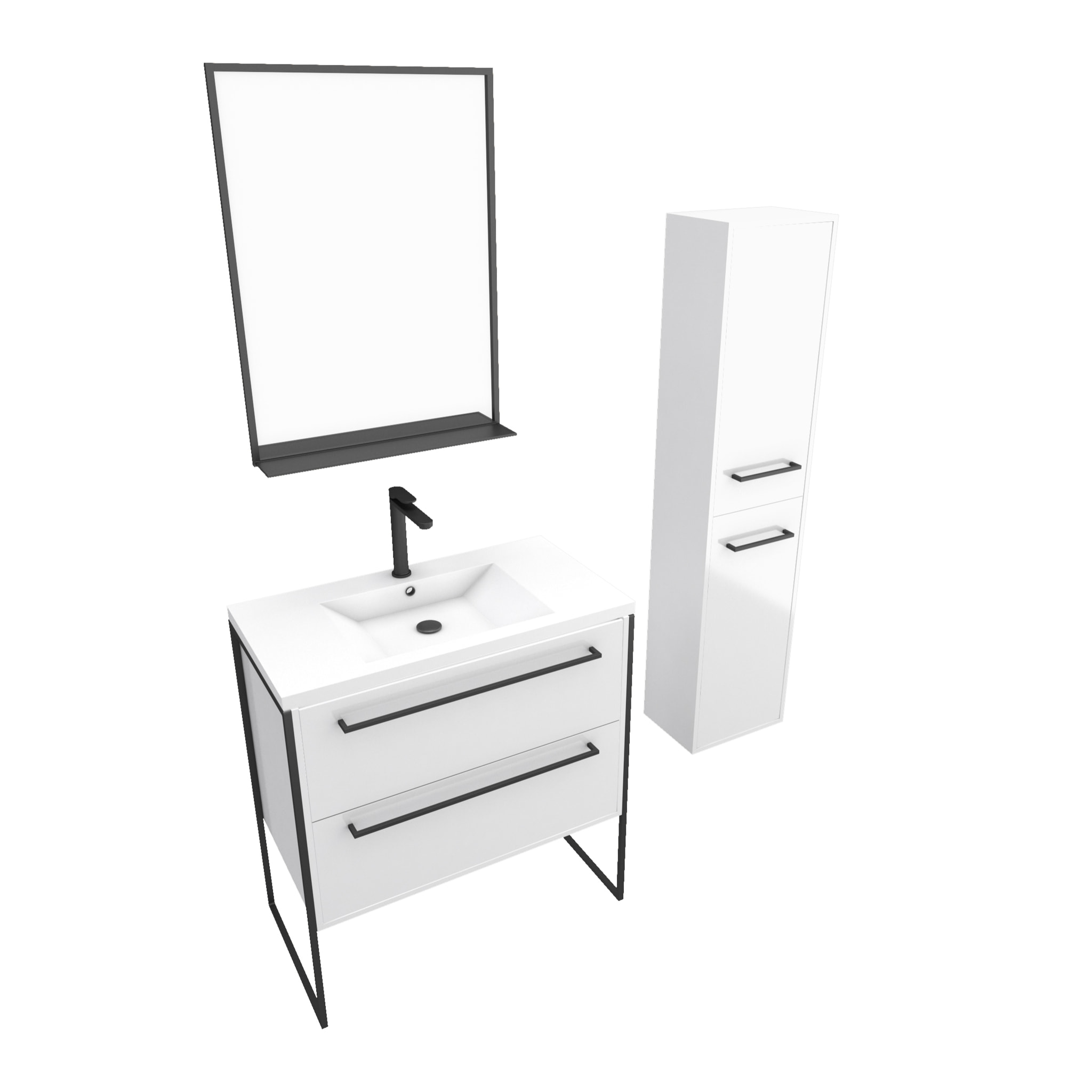 Pack meuble de salle de bain 80x50cm Blanc - 2 tiroirs blanc - vasque blanche + miroir noir mat