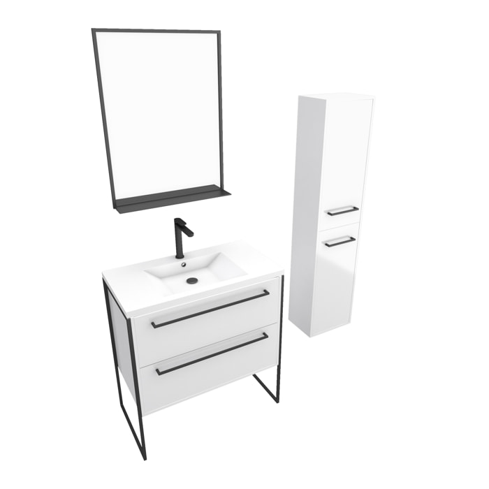 Pack meuble de salle de bain 80x50cm Blanc - 2 tiroirs blanc - vasque blanche + miroir noir mat