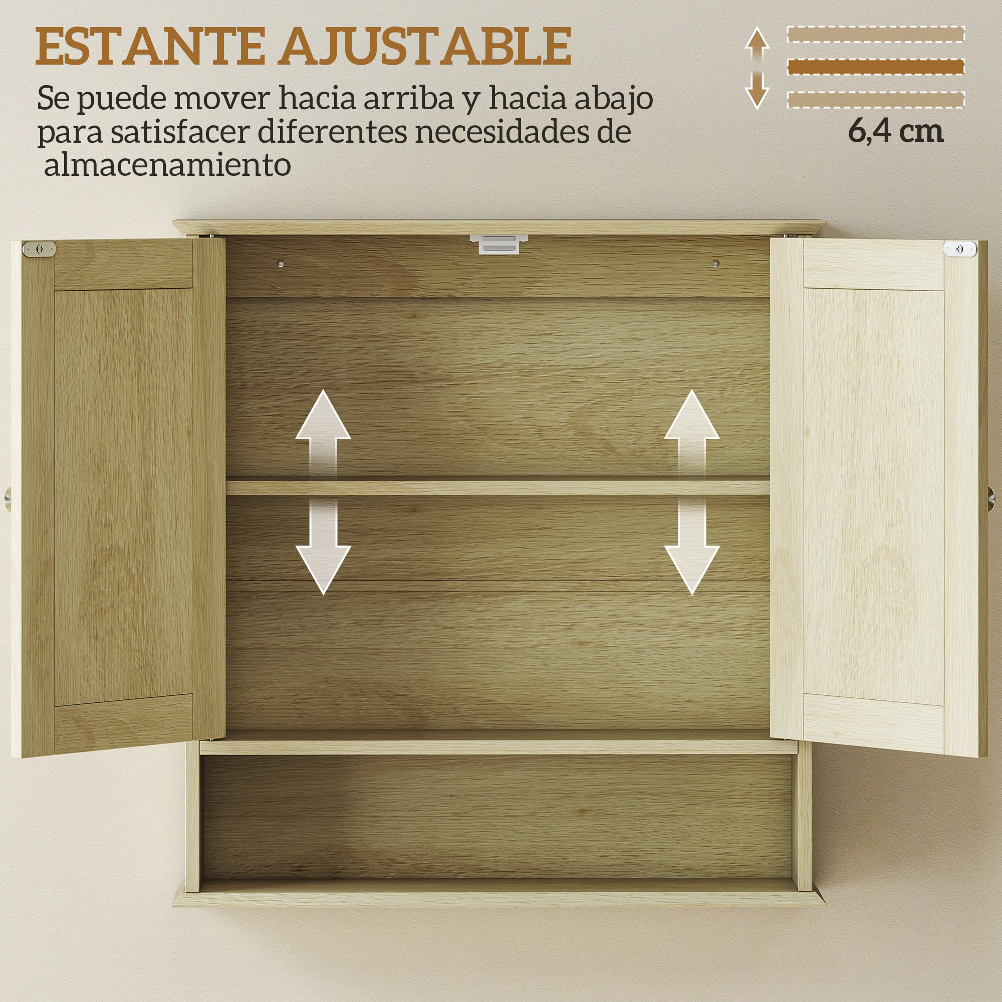 Armario de Baño con Espejo, Armario de Pared con 2 Puertas, Estante Abierto, Estante Ajustable, Mueble de Baño Colgar para Cocina, Salón, 56x13x58 cm, Natural