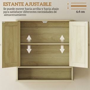 Armario de Baño con Espejo, Armario de Pared con 2 Puertas, Estante Abierto, Estante Ajustable, Mueble de Baño Colgar para Cocina, Salón, 56x13x58 cm, Natural