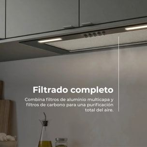 EVVO Campana Extractora Integrada CEi 50 Black, 52 cm, 620 m³/h, Clase Energética A, LED, Filtros de Aluminio y Carbón