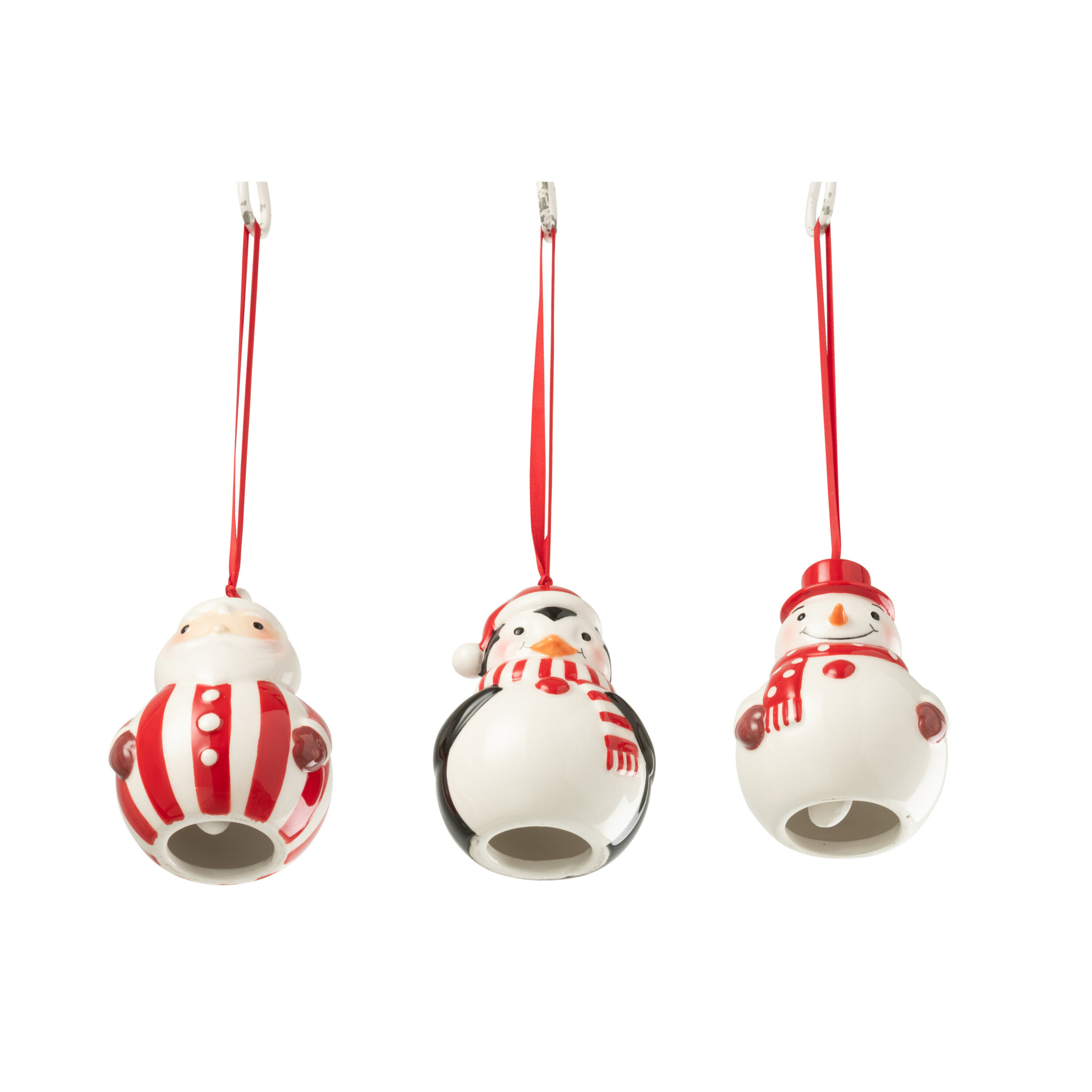 J-Line suspension Pingouin + Bonhomme de neige + Père Noël Dolomite - céramique - rouge/blanc - lot de 3