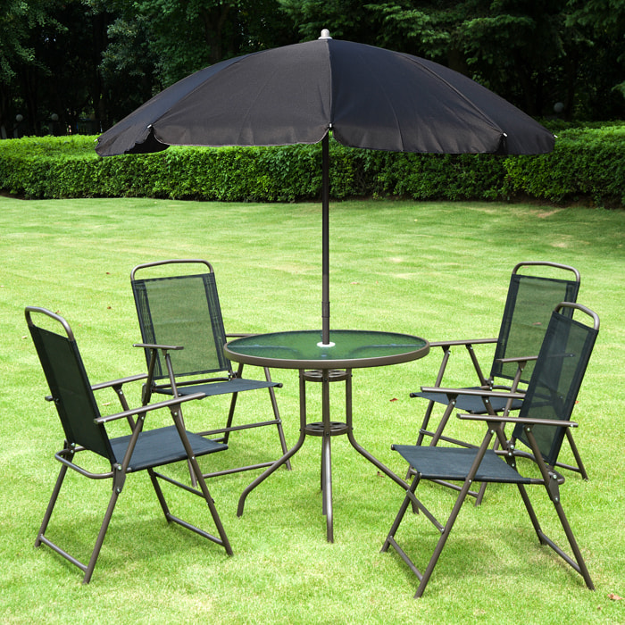 Ensemble salon de jardin 6 pcs - table ronde + 4 chaises pliables + parasol - acier époxy café textilène polyester noir