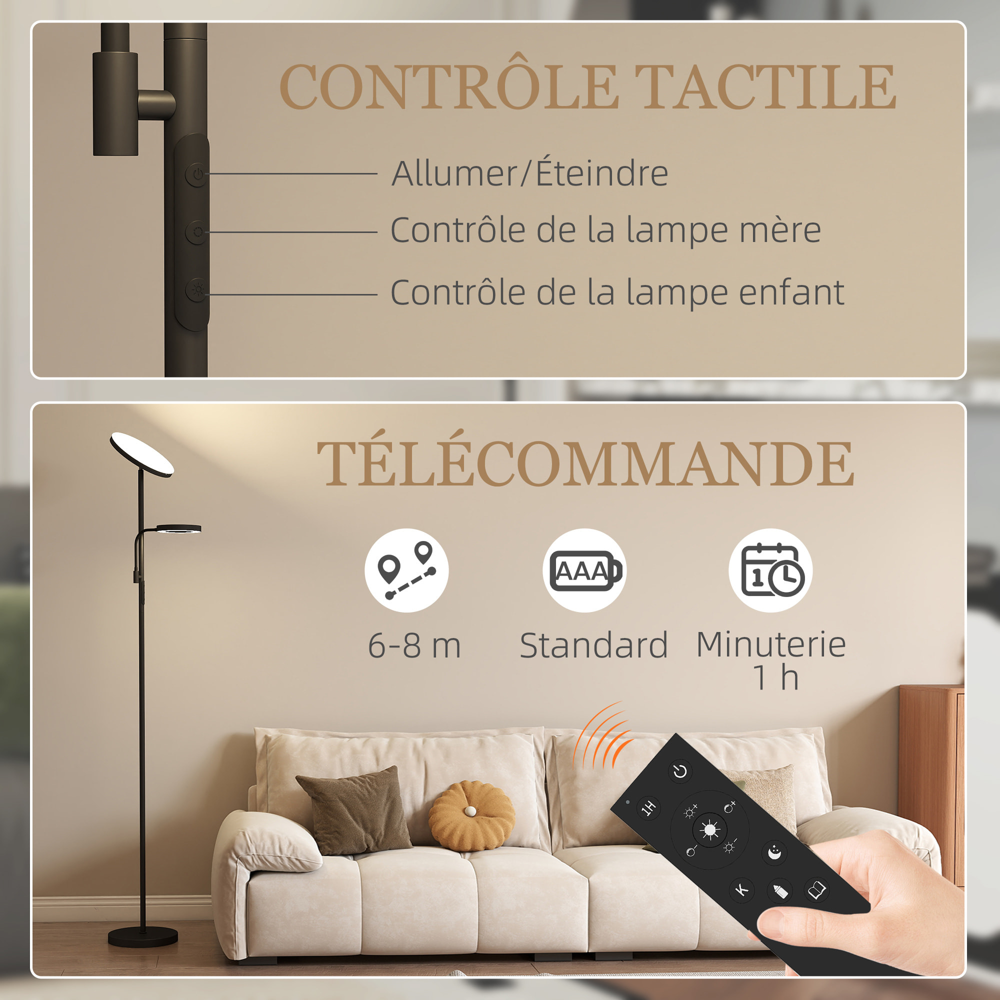 Lampadaire LED 42W dimmable 2700K-6500K 4 couleurs variation continue 4 modes scène télécommande noir