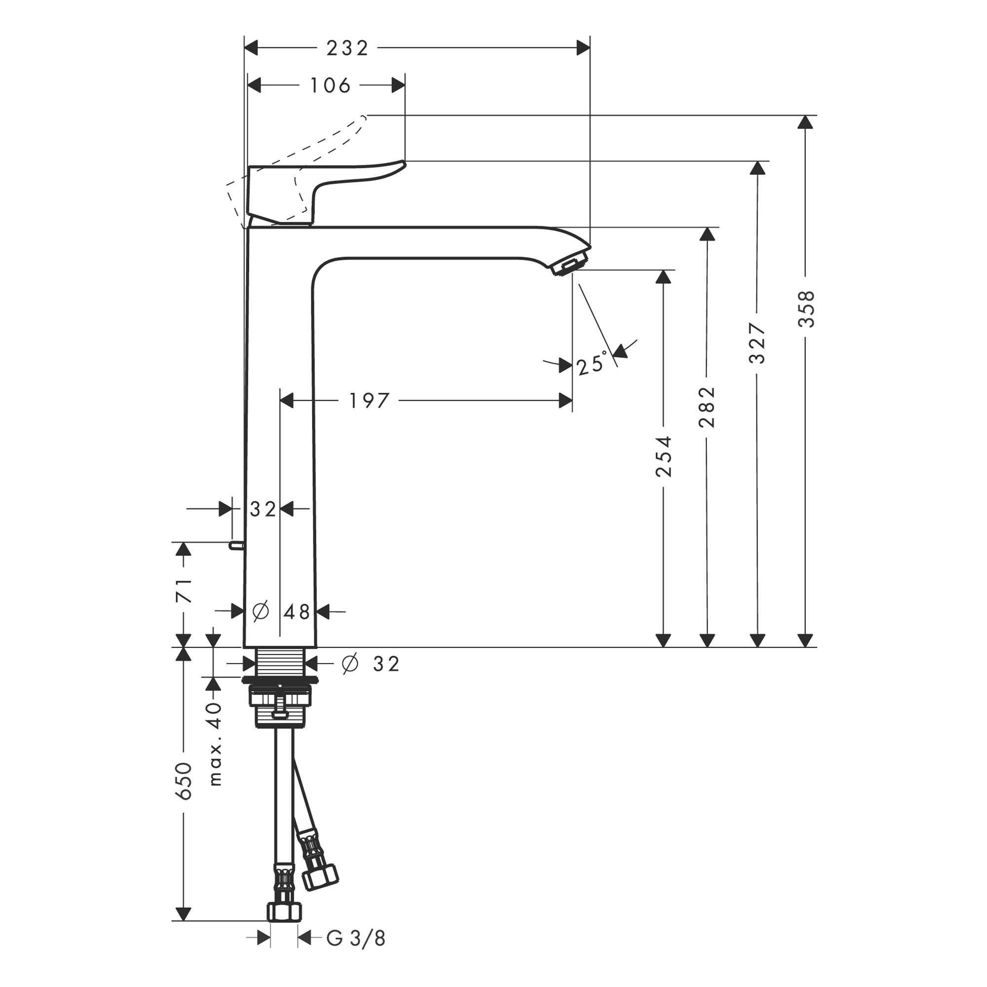 Mitigeur de lavabo 260 surélevé pour vasque libre, avec tirette et vidage chromé Metris