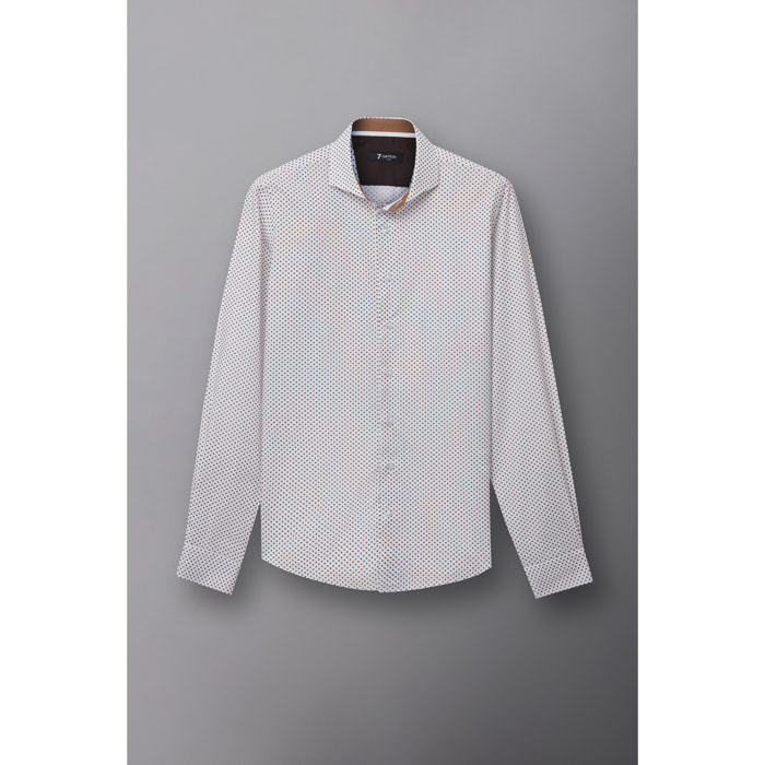 Camicia Uomo 1 Bottone Francese Slim Popeline Stampato Bianco e Grigio Medio