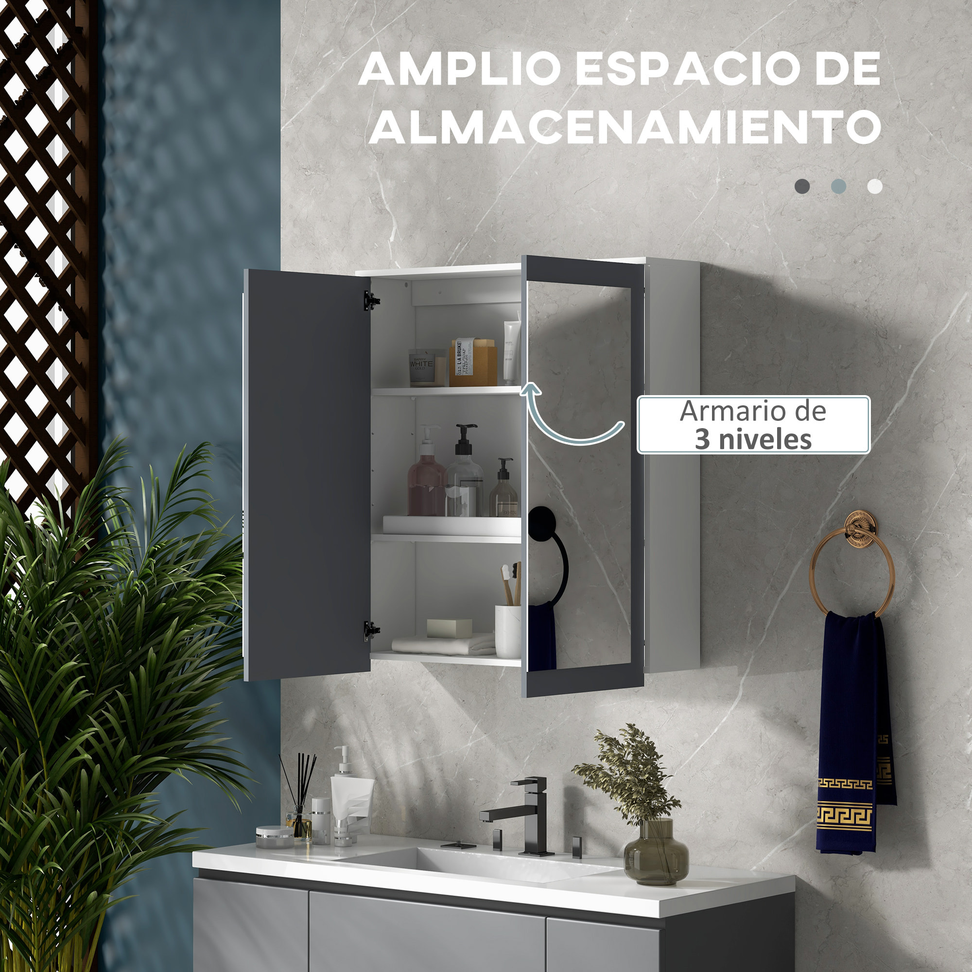 Conjunto de Baño Incluye 1 Columna de Baño 1 Armario de Baño con Espejo y 1 Mueble para Debajo del Lavabo con Puertas de Vidrio y Estantes Ajustables Blanco